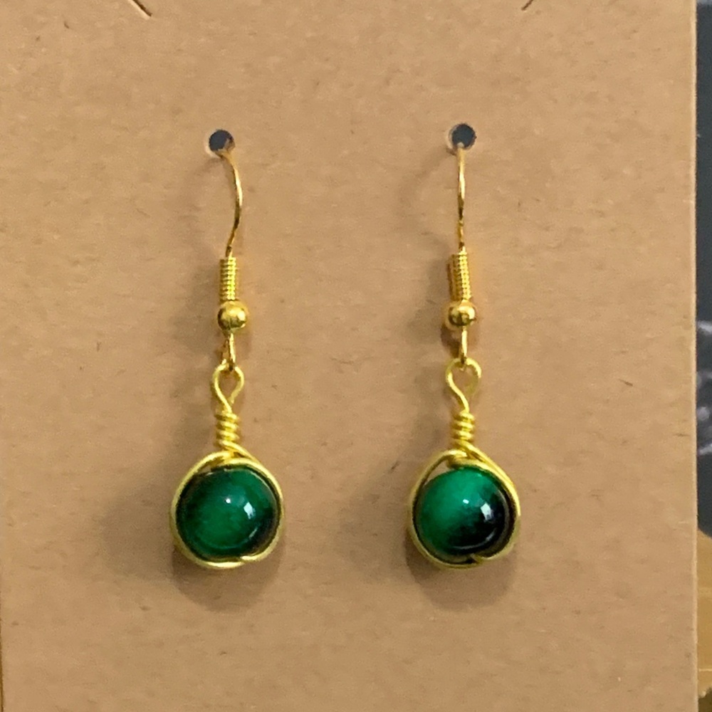 Handmade wire wrapped green tiger’s eye earrings